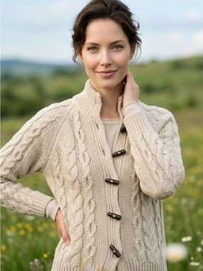 Vintage Part Wool Tan Cable Knit Cardigan with Toggle Button Closure